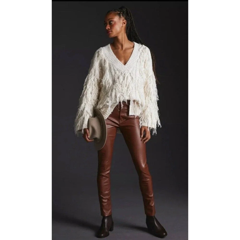Anthropologie Fringed Boho Pullover Oversized Ivory Preppy Sweater Top Sz M New